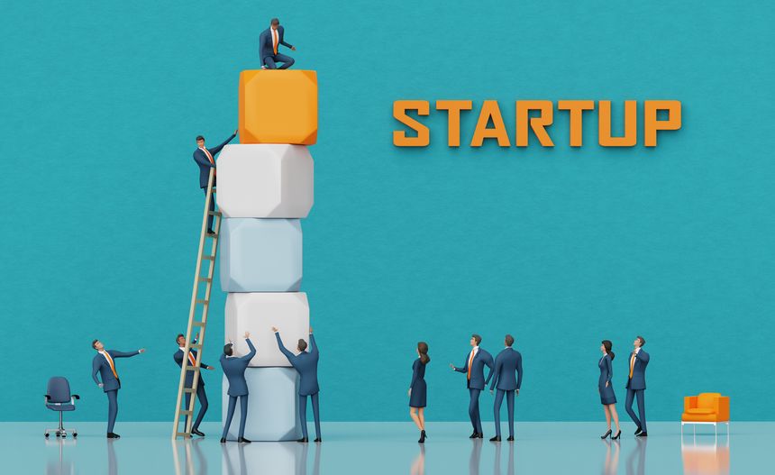 Business people are working with massive cubes, move them around, build charts, trying to get on top of construction. Business concept, professional ladder, competitive live 3D rendering illustration
