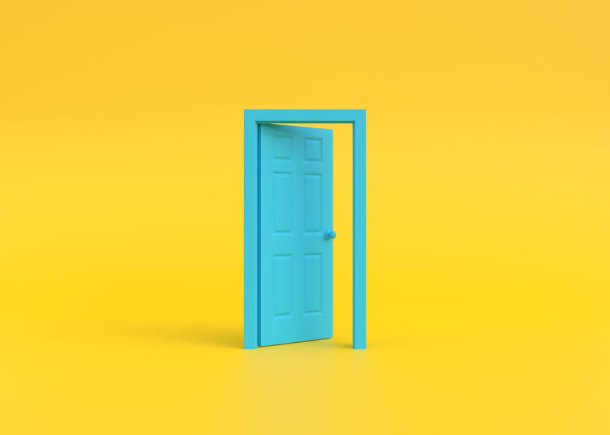 Open blue door in a room with a yellow background. Architectural design element. Minimal creative concept. 3d rendering 3d illustration