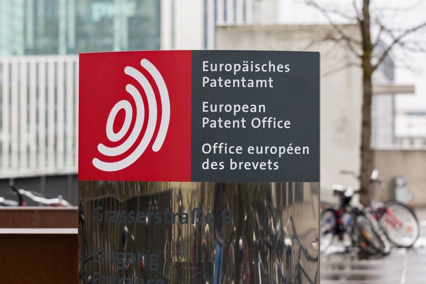 Munich, Bavaria / Germany - Jan 21, 2020: Sign at the entrance of the European Patent Office headquarters in Munich (EPO). Dealing with intellectual property, protection of copyrights, inventions etc.