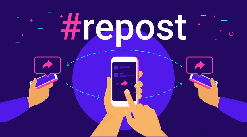 Hashtag repost concept flat vector illustration of human hands hold smart phones and push repost button on the screen sharing to friends. Social media hashtag and speech bubbles with share symbols