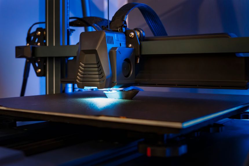 3D Printer Is Actively Producing a Complex Design in a Well-Lit Workspace. Soft Blue Lighting Highlights the Printer’s Features and Components, Showcasing Technological Precision.