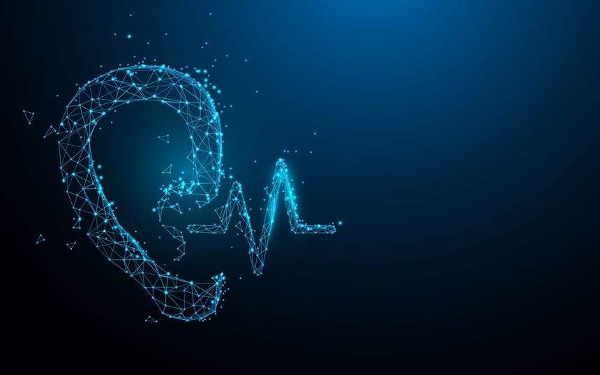 Ear and sound from lines, triangles and particle style design. Illustration vector