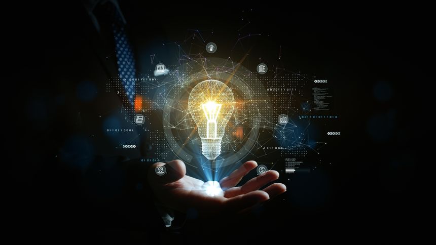 Bright lightbulb icon symbolizing innovation and ideas, floating above a businessman's hand with digital connections and technology elements for creative and business themes. 3d rendering