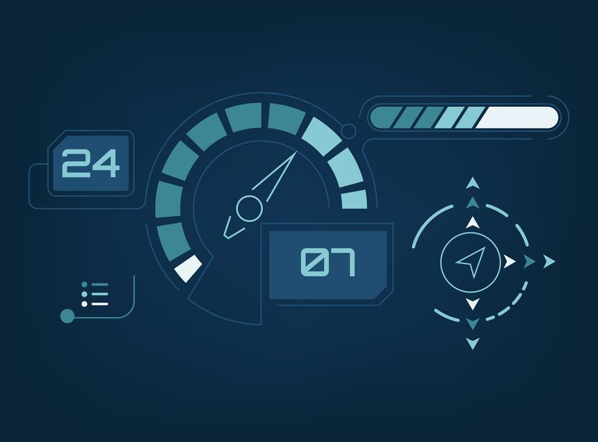 Abstract futuristic HUD dashboard speedometer, digital progress bars, and navigation icons. technology, data visualization