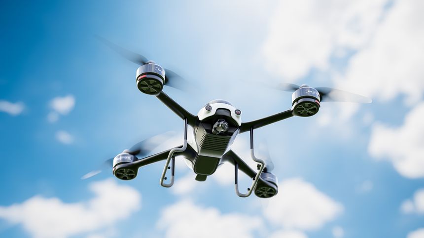 Drone white color flying close-up. taken from below while the sky is clear. 3D Render.