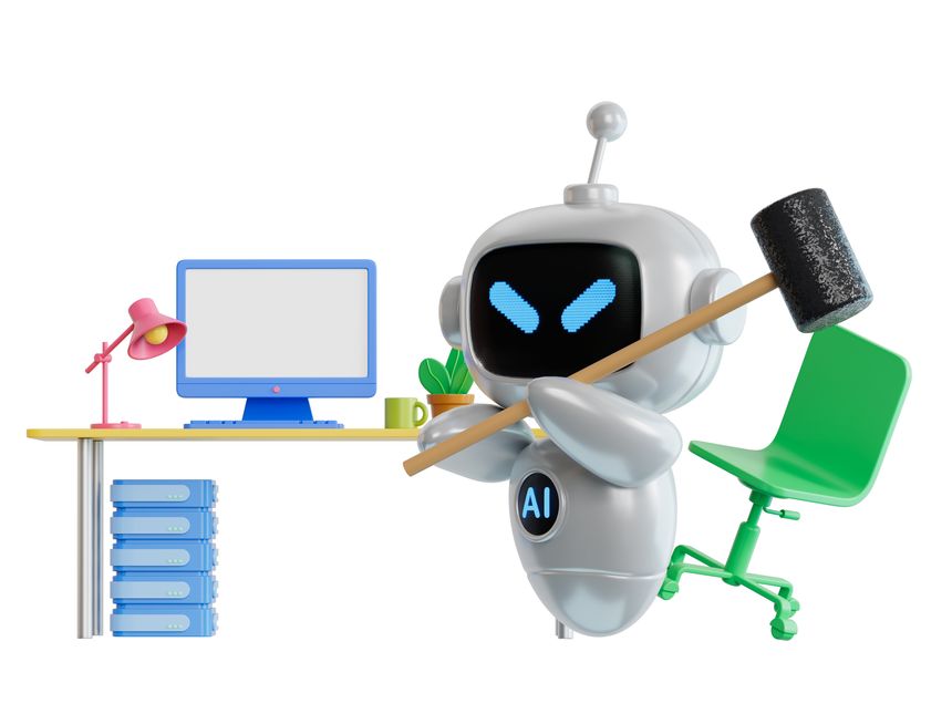 3D illustration of ai robot is destroying her own personal computer by hammer. Hard work.AI robot business Concept.3D rendering on white Screen for footage and clipping path.