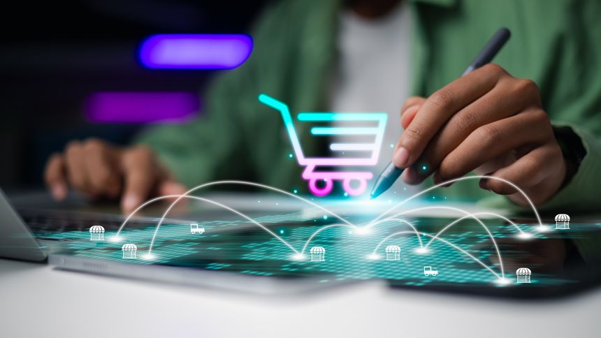 Online shopping cart with logistics network on tablet,Supply chain management technology for retail business,Businessman using stylus for digital marketplace strategy,Smart logistics.
