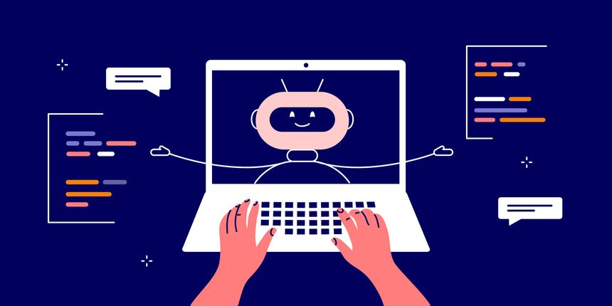 User hands using laptop chatting with robot. Ai chat bot generating answers to human request. Virtual assistant help vector illustration. Digital android working sorting information. Chatbot support