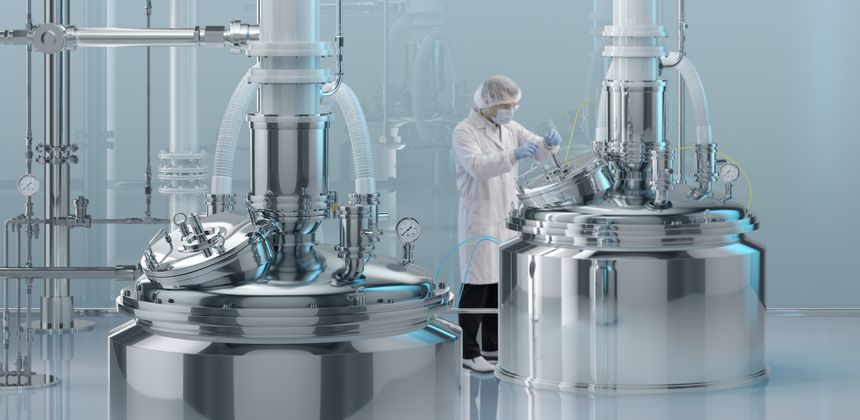 Bioreactor equipment, pharmaceutical manufacturing plant, scientist working in cleanroom. Industrial bioreactor tank, vaccine production, biotechnology research laboratory, medicine manufacturing. 3D