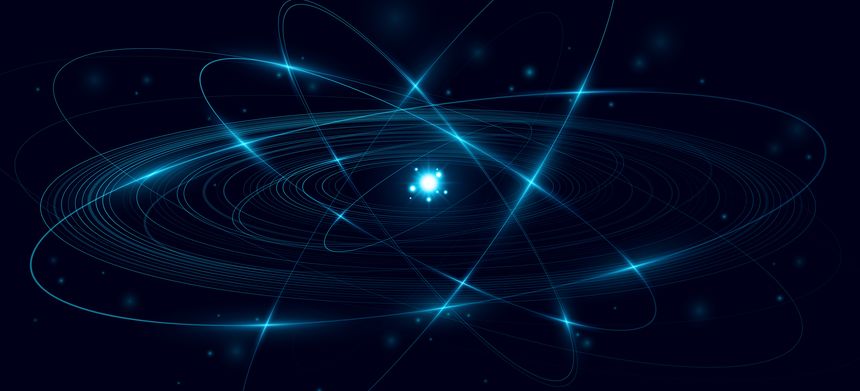 Futuristic glowing atom featuring blue elliptical rings circling a radiant central core on a dark background. Atomic structure backdrop for scientific research presentation or website. Vector illustration.