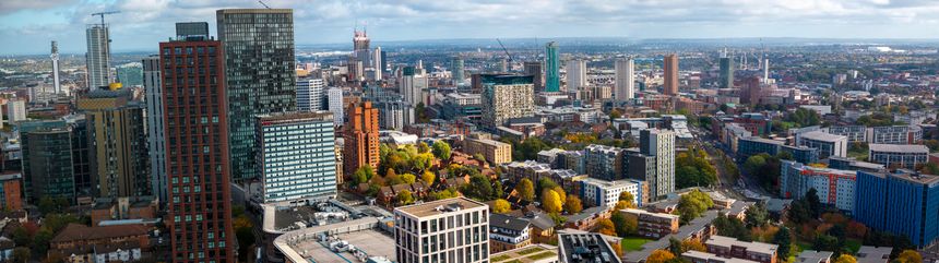 Panoramic aerial image of Birmingham skyline
