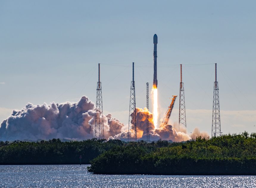 SpaceX Falcon 9 rocket and satellite payload launch in Florida. Booster are re-usable and either land at Cape Canaveral or on a barge at sea. Towers surrounding the launch pad are lightning arrestors.
Merritt Island National Wildlife Refuge, Florida, USA
01/03/2023