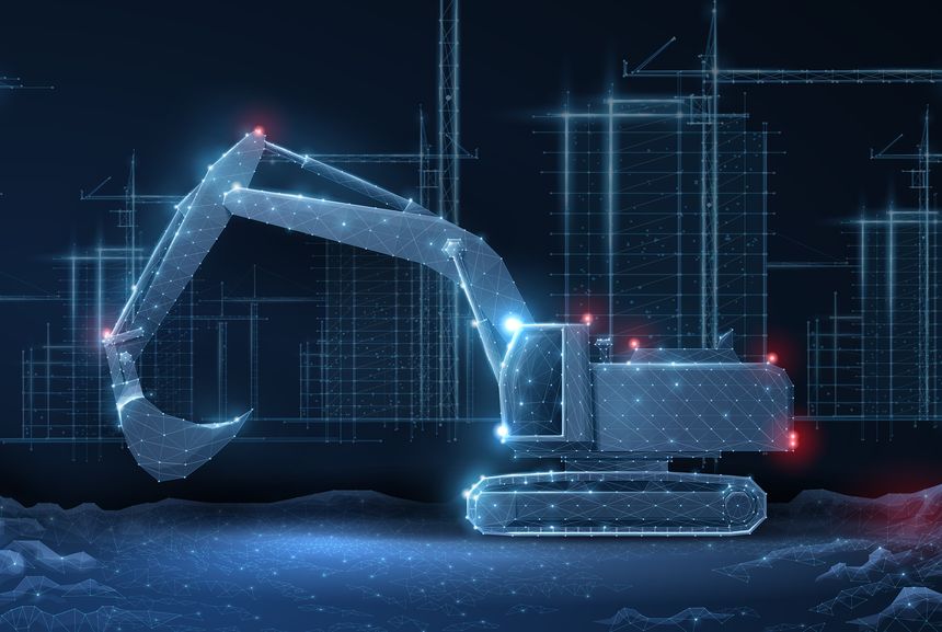 Digital construction site sketch with excavator. Building 3D Printing, Building Information Modeling, heavy machine, industrial machinery, Urban development, Modular Construction concept.