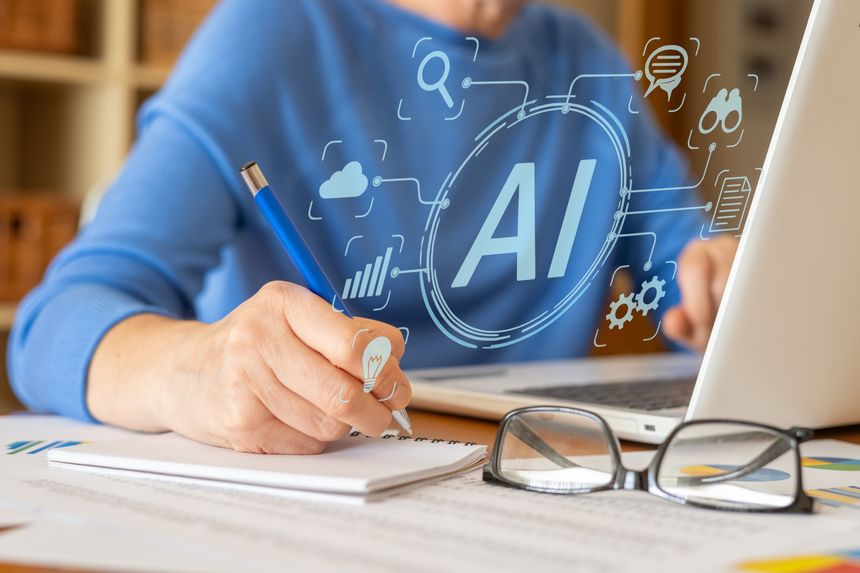Businesswoman working on a laptop, taking notes and utilizing generative ai for automation and data analysis to enhance business operations with innovative technology