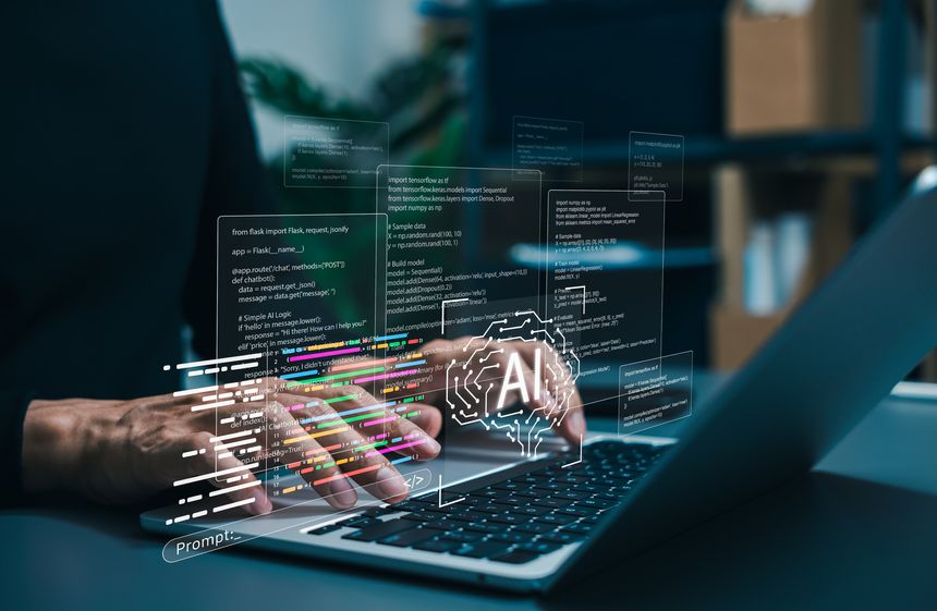 AI coding assistant for software development concept. Machine Learning Code, Programmer use laptop with code and AI brain represent artificial intelligence, AI programming, software development tools