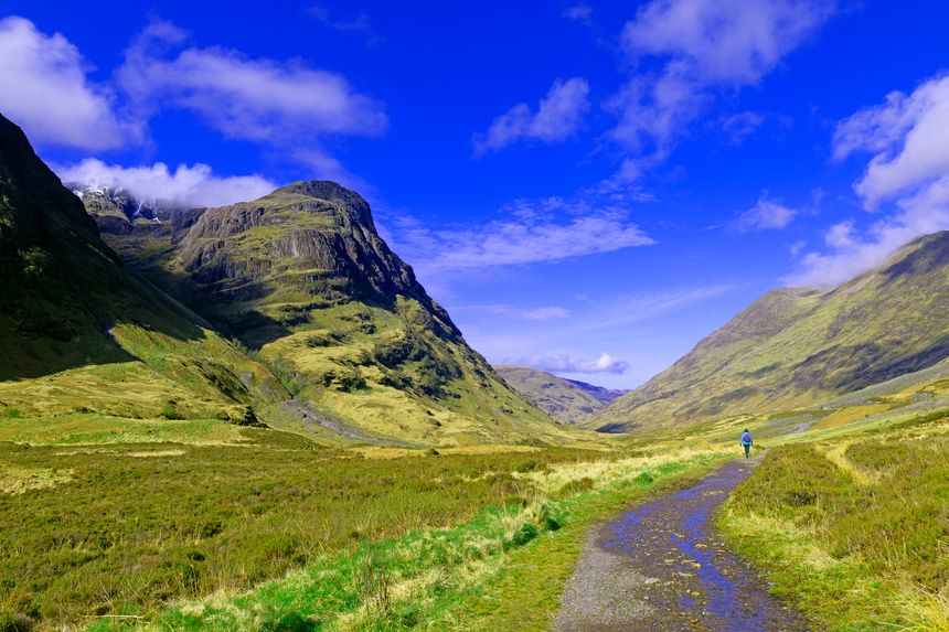 The walk through The Lost Valley, below the three sisters of Glencoe, offers a fantastic panorama of mountain and moorland views, with an approach to ice capped mountains that can be scaled to the top.