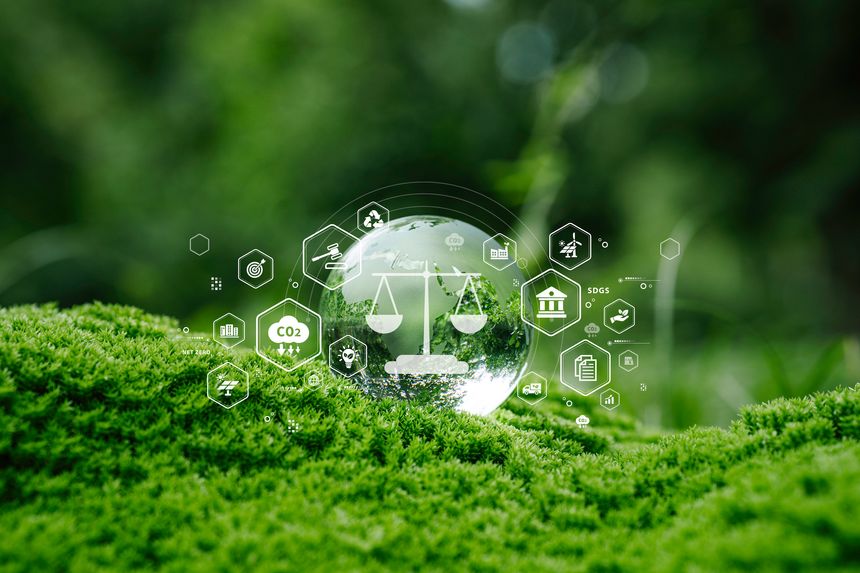 Sustainability environmental law, CO2 reduction. Glass globe on green moss with eco-law icons symbolizing green legal framework and nature protection.