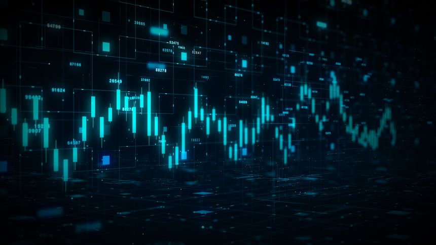 Glowing digital candlestick chart on a futuristic data network background representing market trends, trading analytics, investment technology, and financial data visualization. 3D Rendering