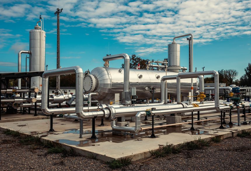 Storage tanks and pipes in oil industry facility