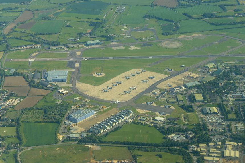 An aerial view of an Air Force base in the United Kingdom.