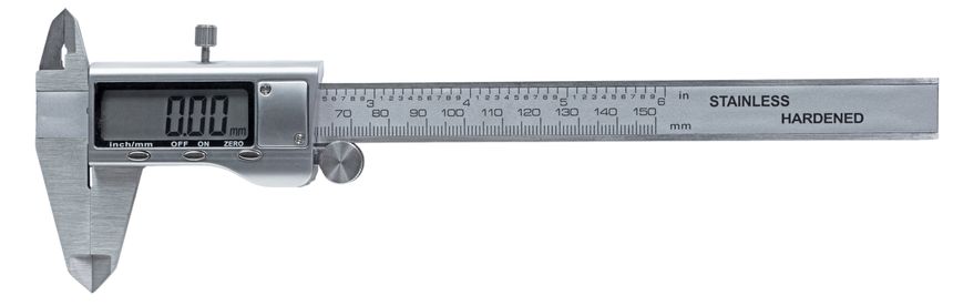Caliper with an LCD display that has been turned on and is ready to measure isolated on a white background.