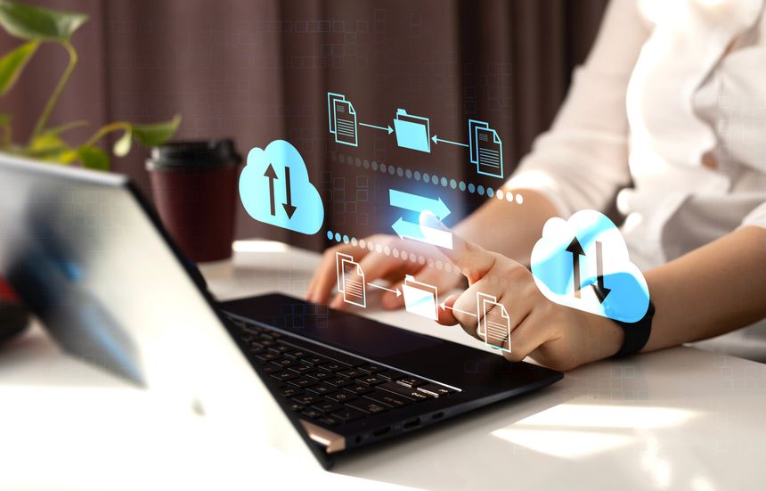 Exchange information and data with internet cloud technology.FTP(File Transfer Protocol) files receiver and computer backup copy. File sharing isometric