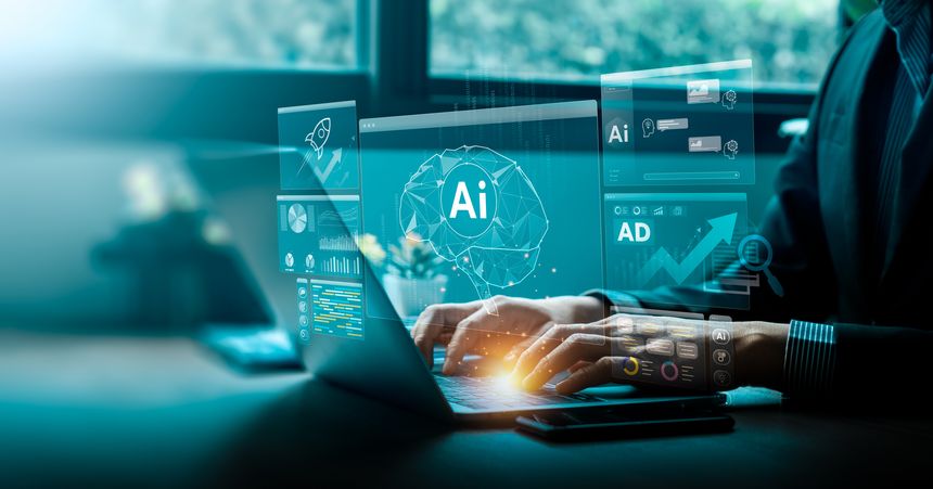 Business Professional Analyzing AI-Generated Data and Graphs on Laptop, Leveraging Advanced Technology for Digital Growth and Business Strategy, Digital Network for Business and Future Technology