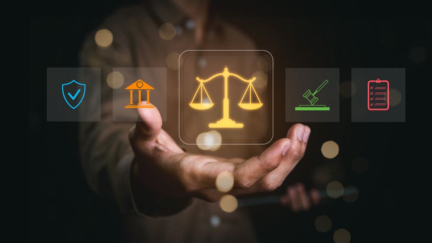Business professional presenting a digital justice scale with legal and governance icons, representing law, compliance, regulation, corporate ethics, risk management, and judicial decision-making.