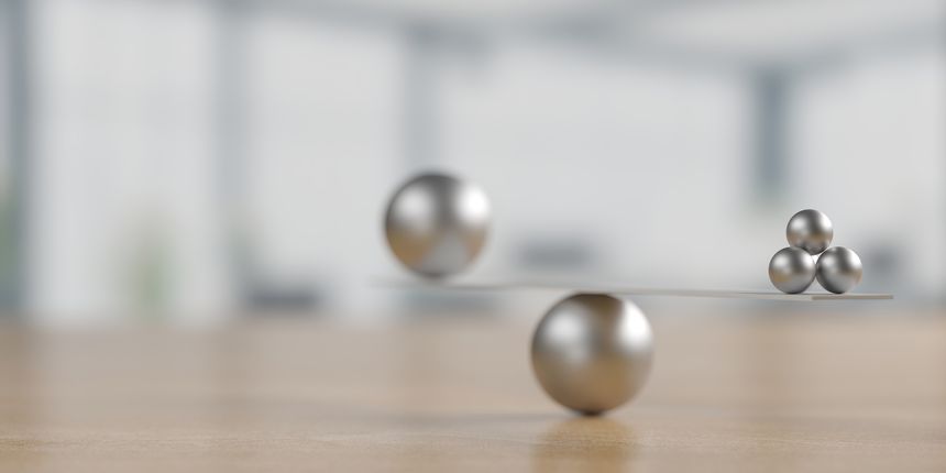 Balance concept. Metal scale with different balls. 3d rendering