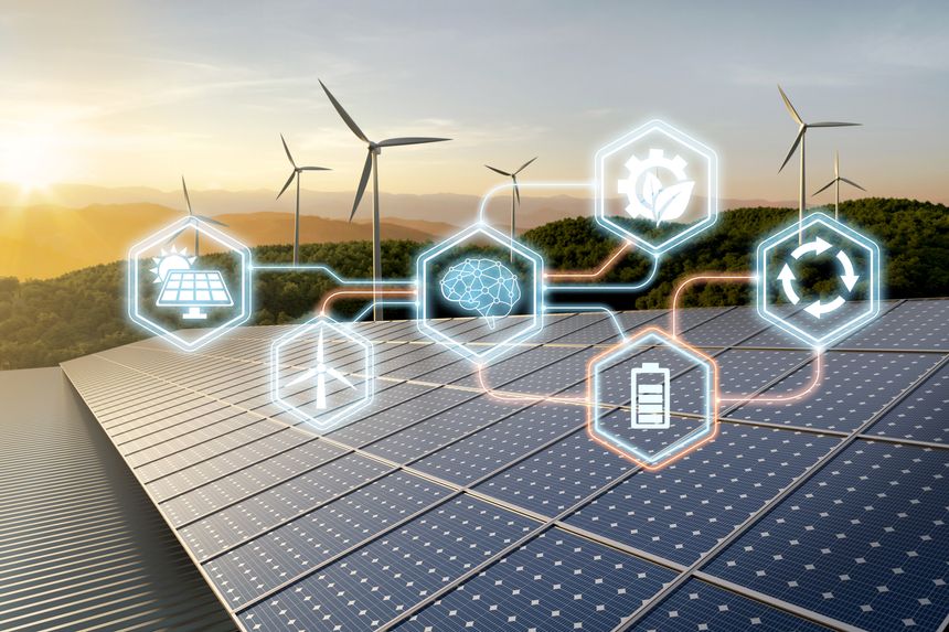 AI brain managing solar and wind energy flow, optimizing storage, recycling and industrial power systems for sustainable and smart energy infrastructure