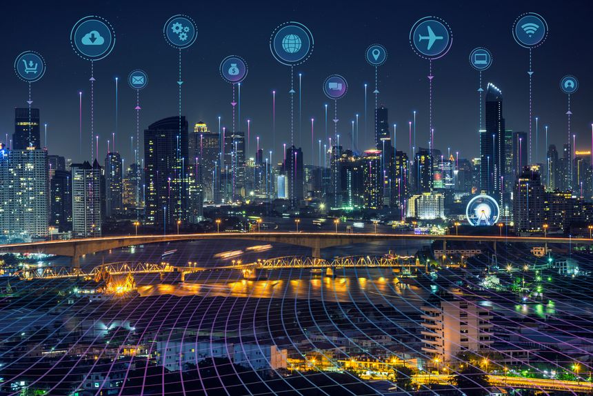Smart city dot point connect with gradient grid line, internet of things connection technology icon concept. Night city with big data. Bangkok thailand cityscape at night many tower near river