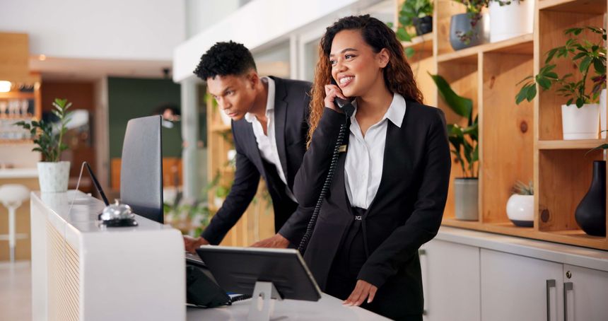 Hotel, reception and call of booking consultant with workers, customer care and hospitality enquiry for villa. Staff, service and question at lobby desk with conversation, helping and management