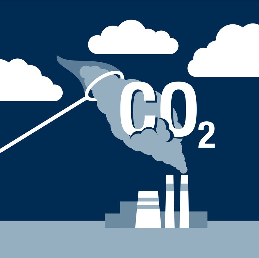 Carbon Dioxide Capture Technology - net CO2 footprint storage development strategy. Vector illustration with metaphor - catching butterflies