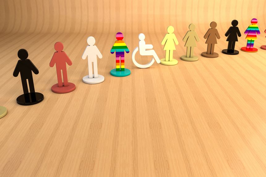 3D illustration of colorful human figures representing diversity and inclusion, with different skin tones and patterns symbolizing equality, respect and unity in a multicultural environment.