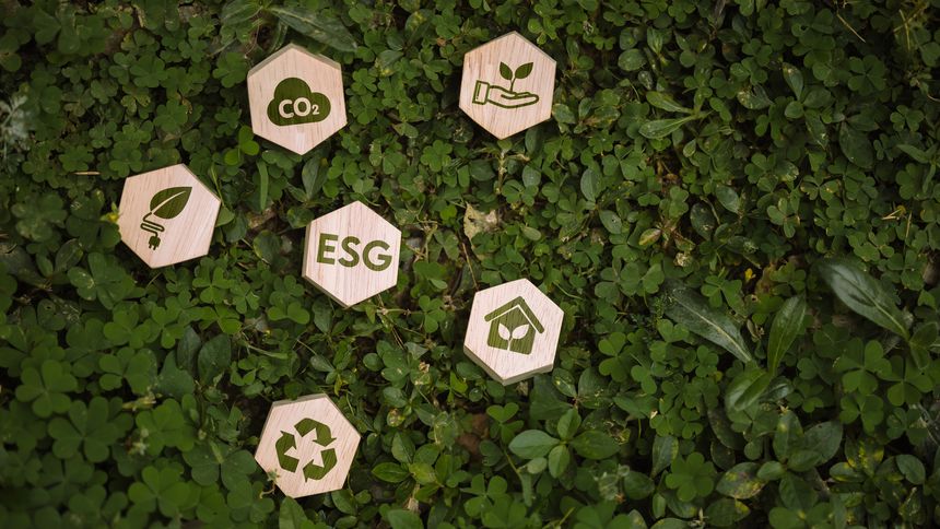 ESG ecosystem concept with wooden hexagon blocks showing CO2, renewable energy, recycling and green building icons on natural leaf background, representing sustainable development and carbon neutral strategy.