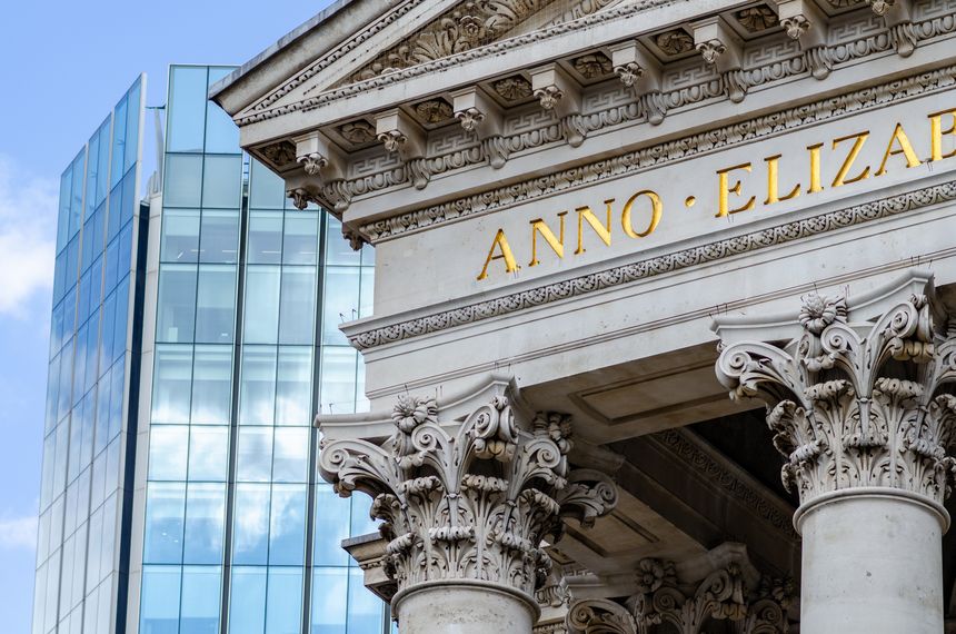 London, England: facade of Royal Exchange, inscription: