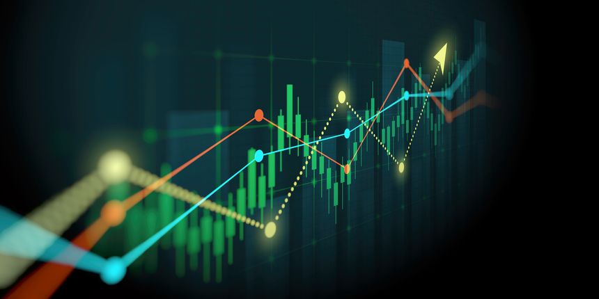 Financial chart with moving up arrow graph in stock market on green color background
