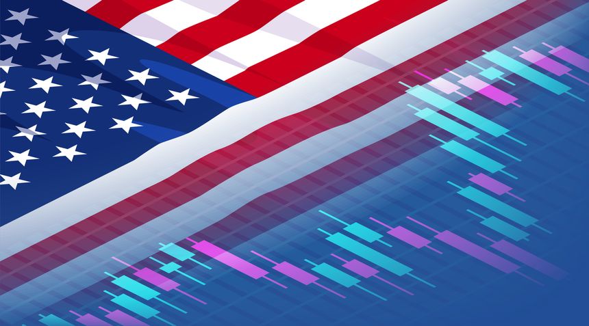 Stock exchange chart graph on american flag background