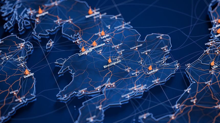 Birmingham map big data visualization. Futuristic map infographic of city in England. Visual map data complexity in modern blue and orange colors.