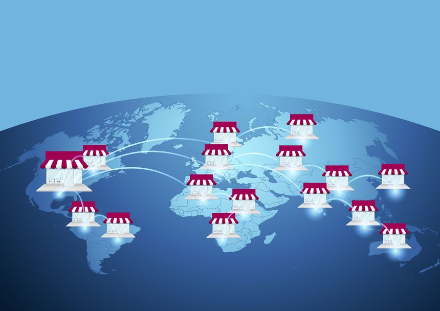 Global restaurant chain expansion with connected storefronts on a world map, symbolizing franchising, brand growth, and international market presence