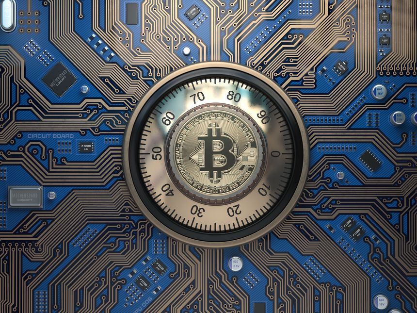 Bitcoin cryptocurrency security and mining concept. Safe lock with symbol of bitcoin on circuit board. 3d illustration