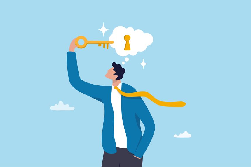 Unlock potential, discover key to solution solving problem, open mindset for new opportunity, think to develop idea, achievement or freedom concept, businessman put key to keyhole in thought bubble.