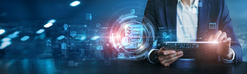 Audit. Businessman using tablet analyzing financial statements, transaction records, operational data, compliance reports, and performance metrics for audit purposes.