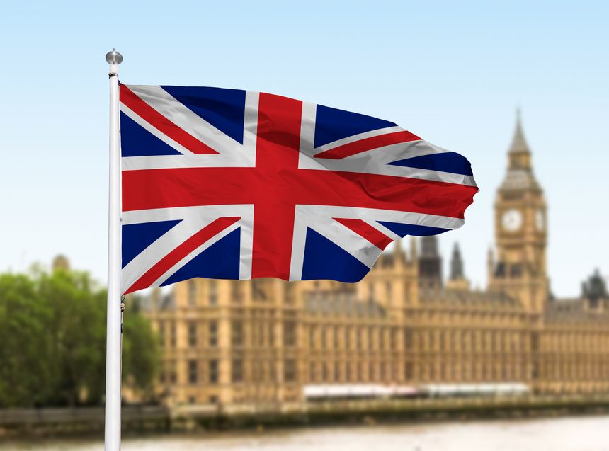 British flag with Big Ben and Houses of Parliament and British flag composition