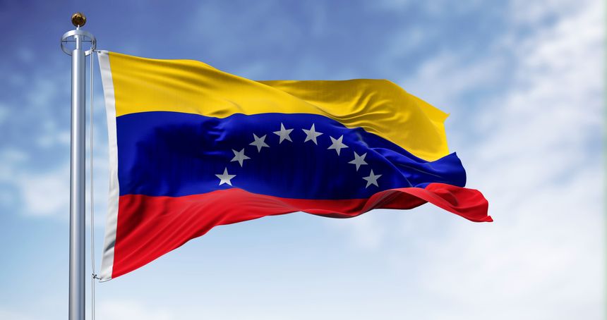 Venezuela national flag waving in the wind on a clear day. Tricolor of yellow, blue and red with an arc of eight white five-pointed stars in the center. illustration render. Fluttering fabric