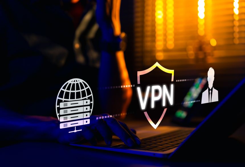 VPN Virtual Private Network. Cybersecurity and data protection concept. Man using laptop with glowing VPN shield icon and digital network graphics. online privacy, secure connections, software tool,