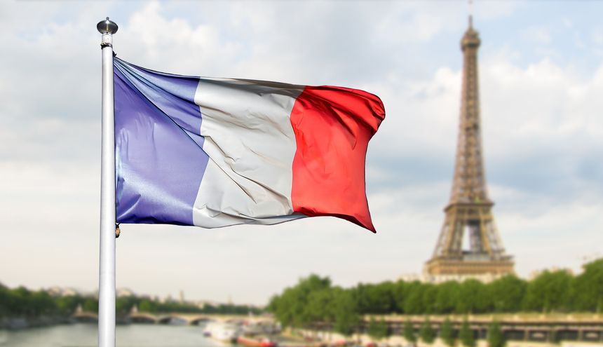 French flag in the summer of the sporting event games, Eiffel tower in Paris, France, panoramic background