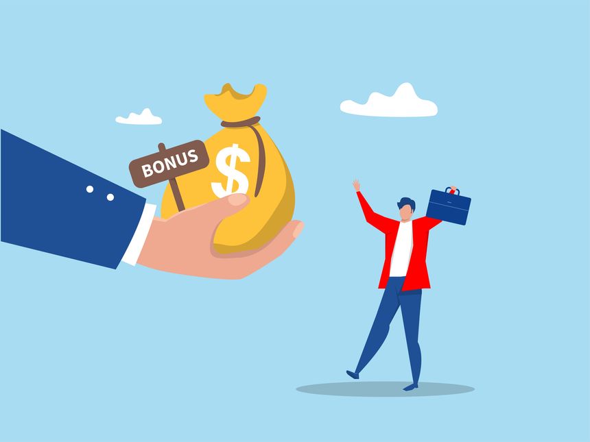 businessman receiving bonus money bag from boss, Getting paid, salary, wages payment or bonus, reward or employee benefits, tax refund or investment profit earning, loan or mortgage concept