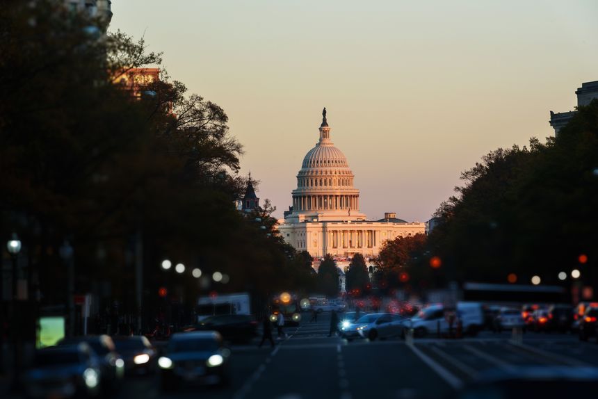 View of Capitol Building in the background from Freedom Plaza, Focusing on the background