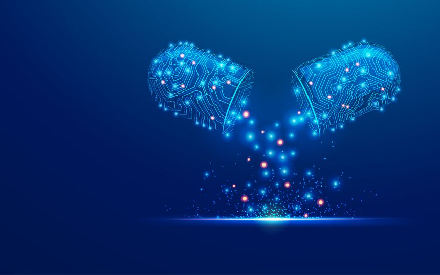 生物工程或医疗技术概念,3D药丸与电子图案结合的图形